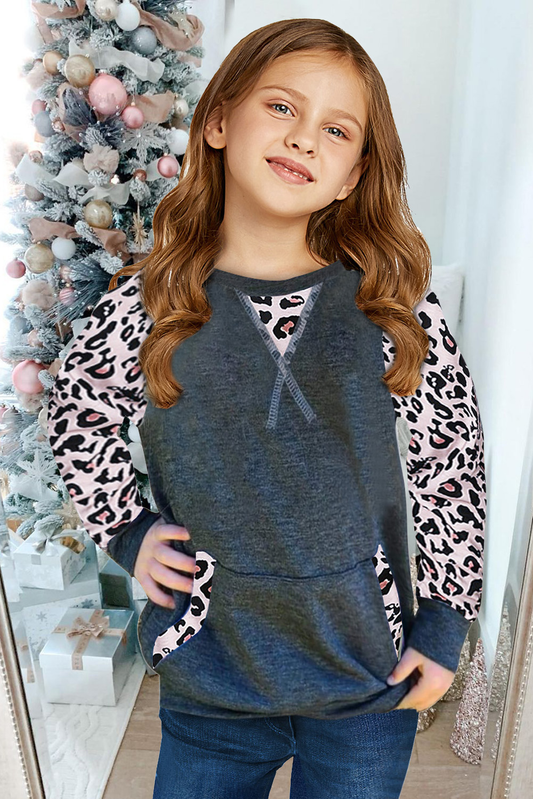 Leopard Raglan Sleeve Patchwork Little Girl Sweatshirt