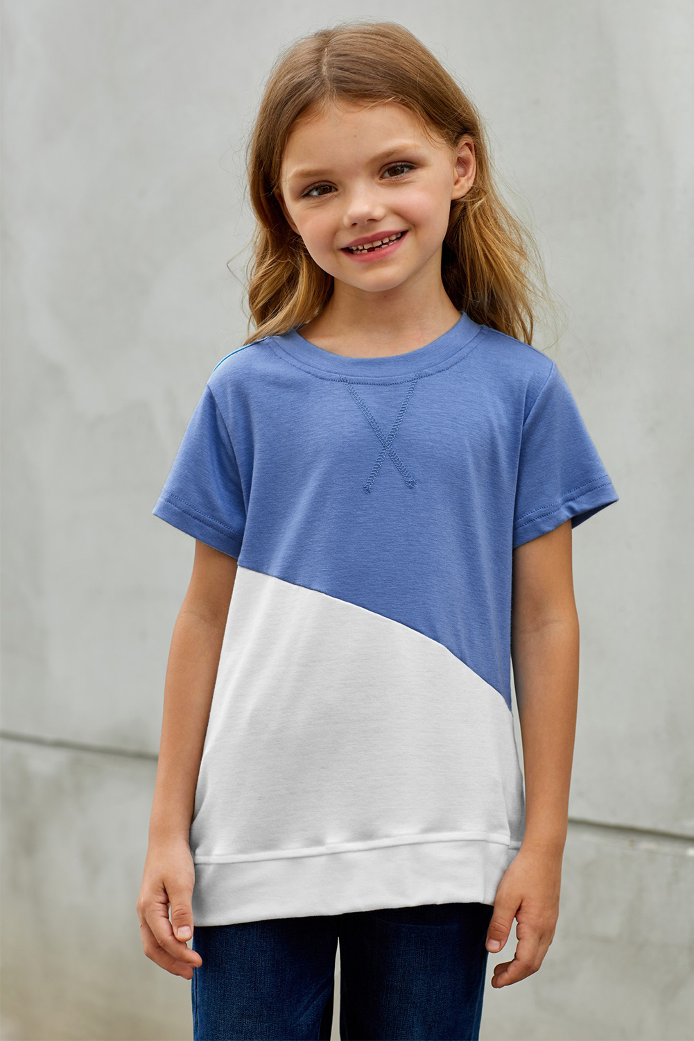 Sky Blue Colorblock Splicing Little Girl Tee