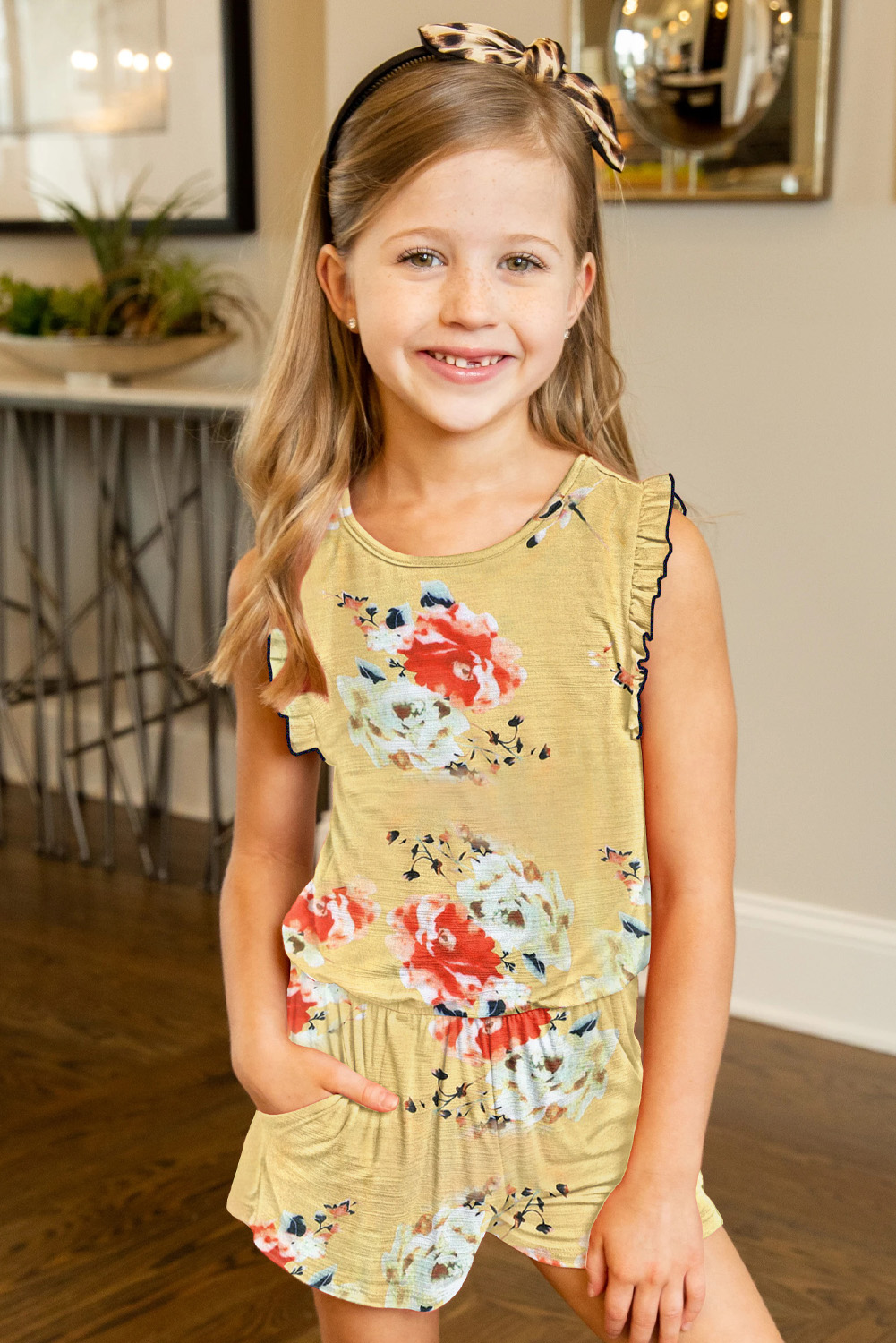 Yellow Floral Print Ruffled Sleeveless Girls Romper