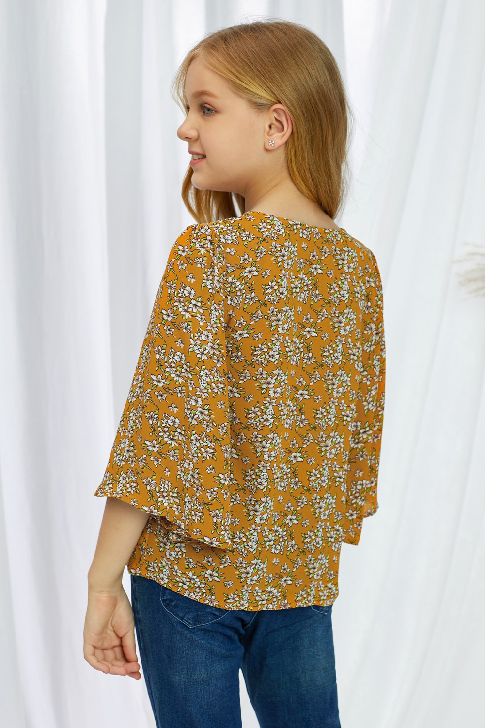 Yellow Floral V Neck Ruffled Sleeve Buttons Girl's Blouse