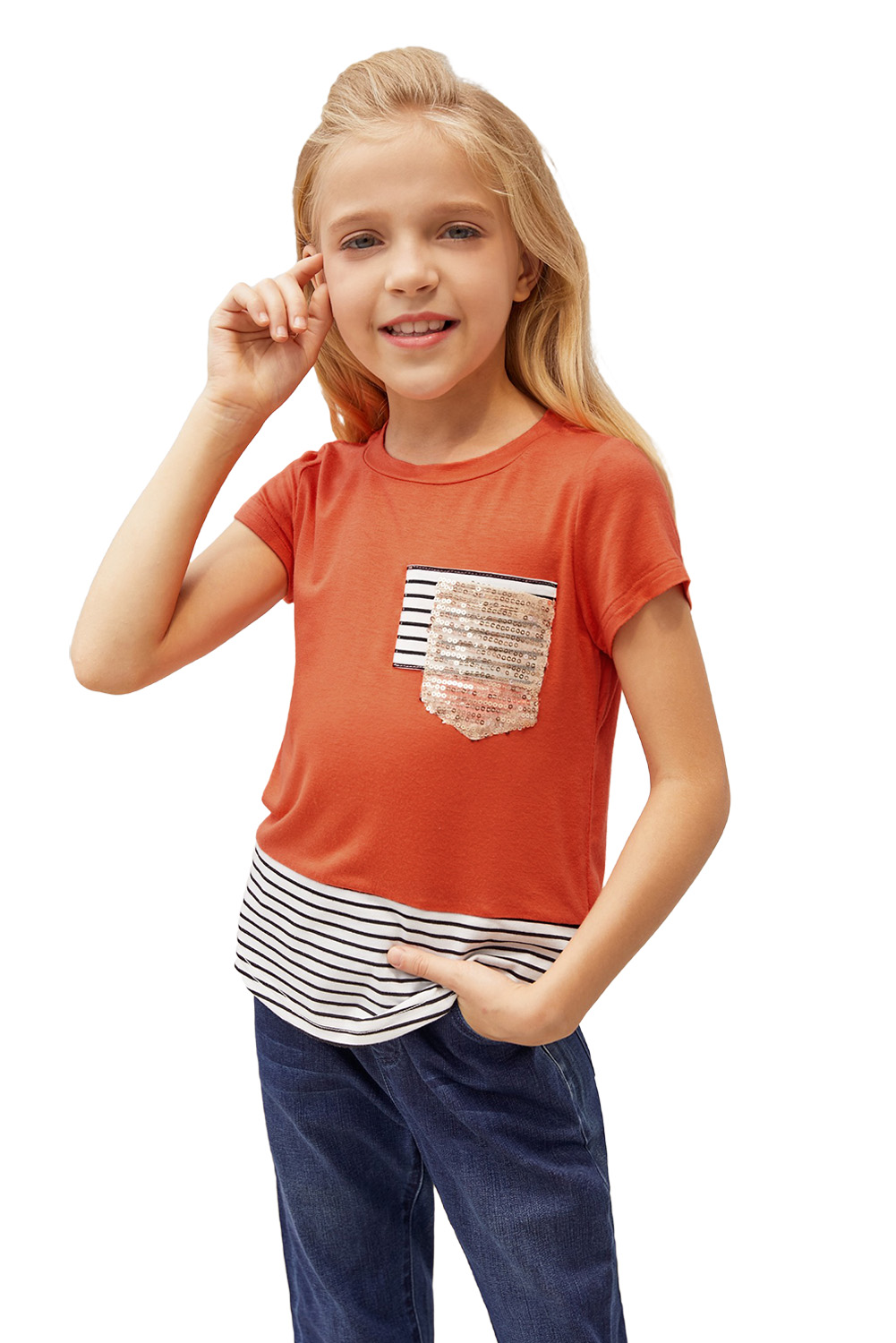 Sequins Pocket Splicing Stripes Girls' T-Shirt