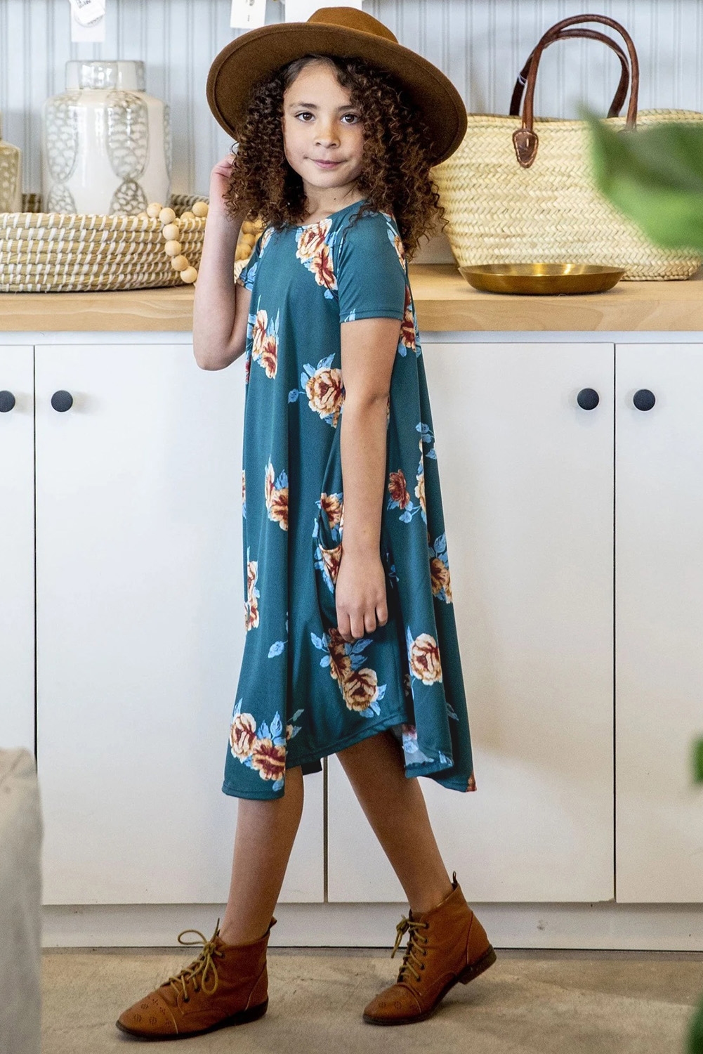 Green Floral Girls T-Shirt Midi Dress