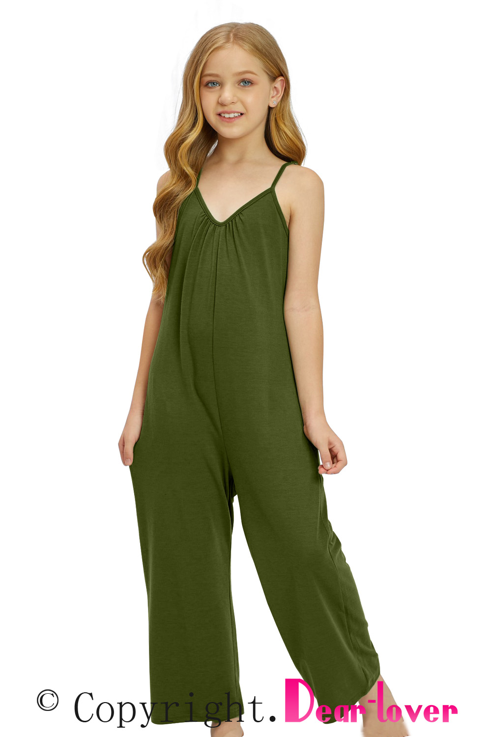 Green Spaghetti Strap Wide Leg Girl's Jumpsuit With Pocket