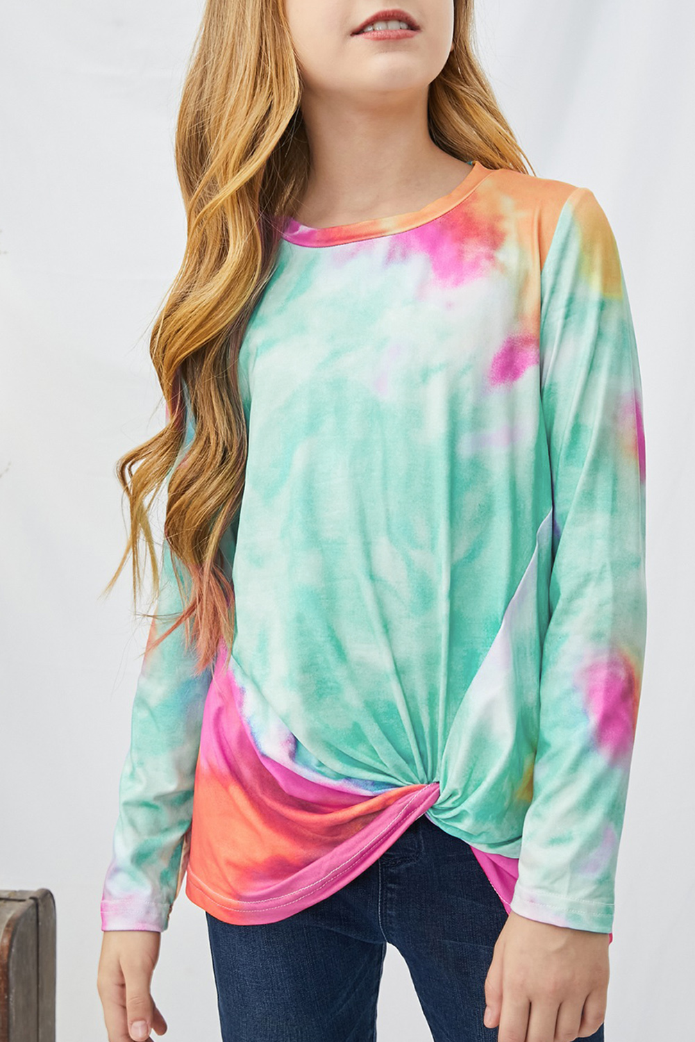 Green Tie Dyed Twist Knot Girl's Long Sleeve Top