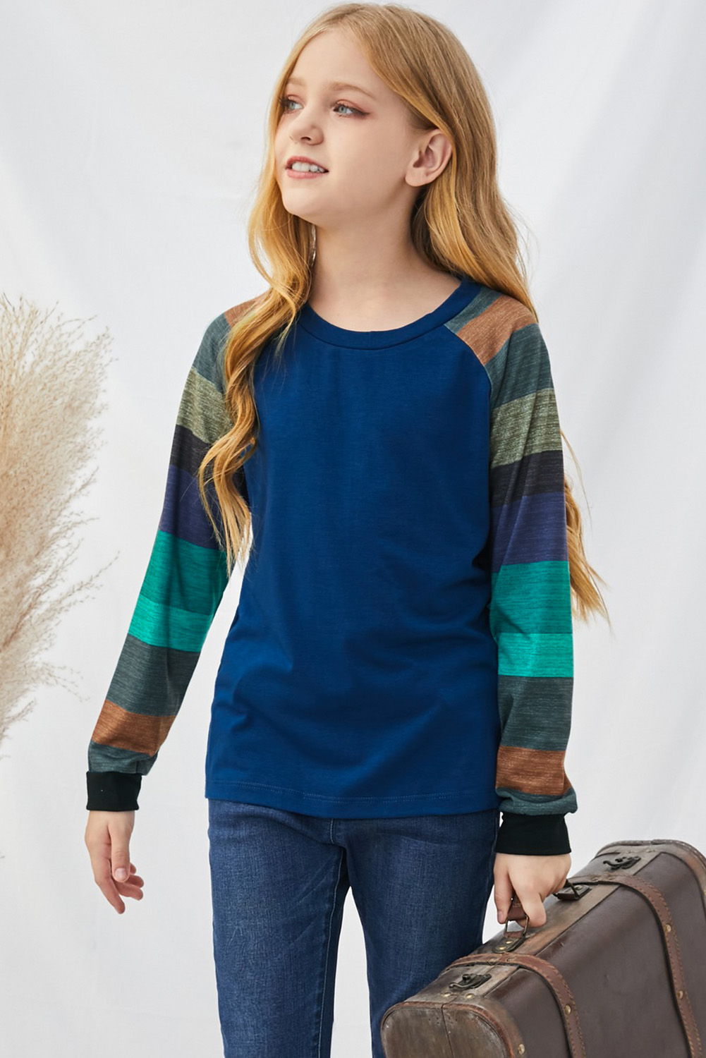 Blue Striped Color Block Girl's Long Sleeve Top