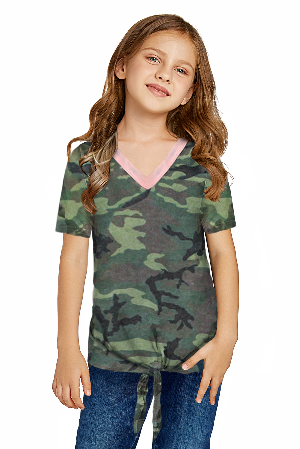 Little Girl Contrast Trim Green Camo Print T-Shirt With Knot