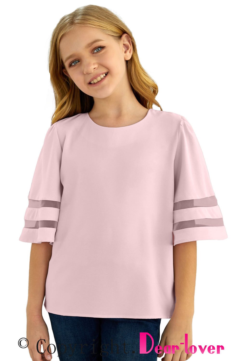 Pink Girl's 3/4 Bell Sleeve Mesh Panel Blouse