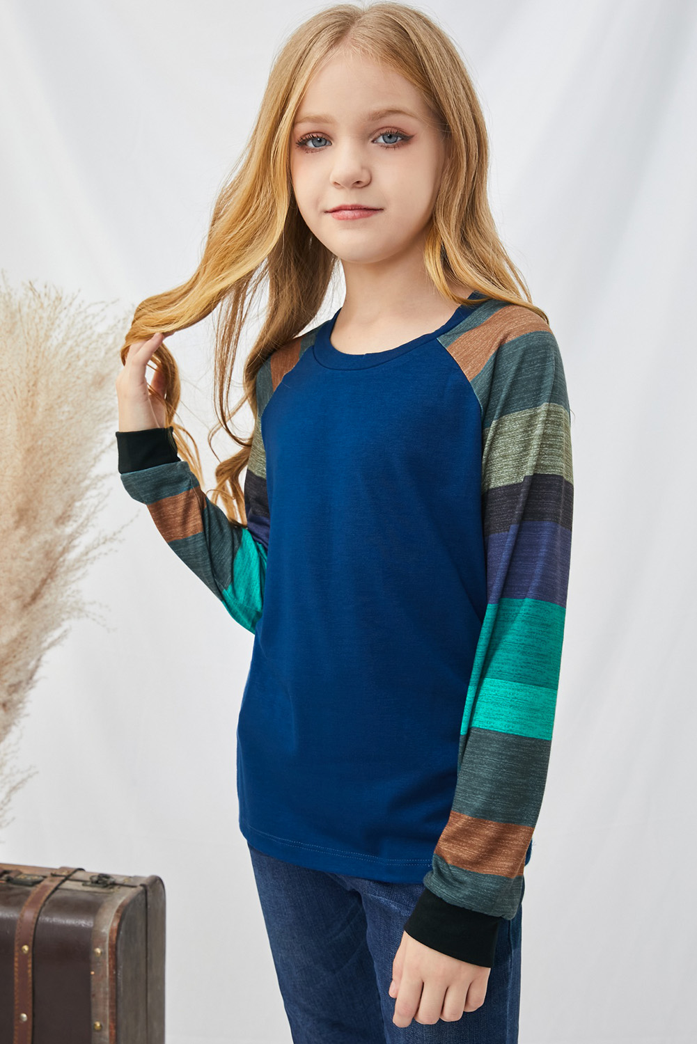 Blue Striped Color Block Girl's Long Sleeve Top