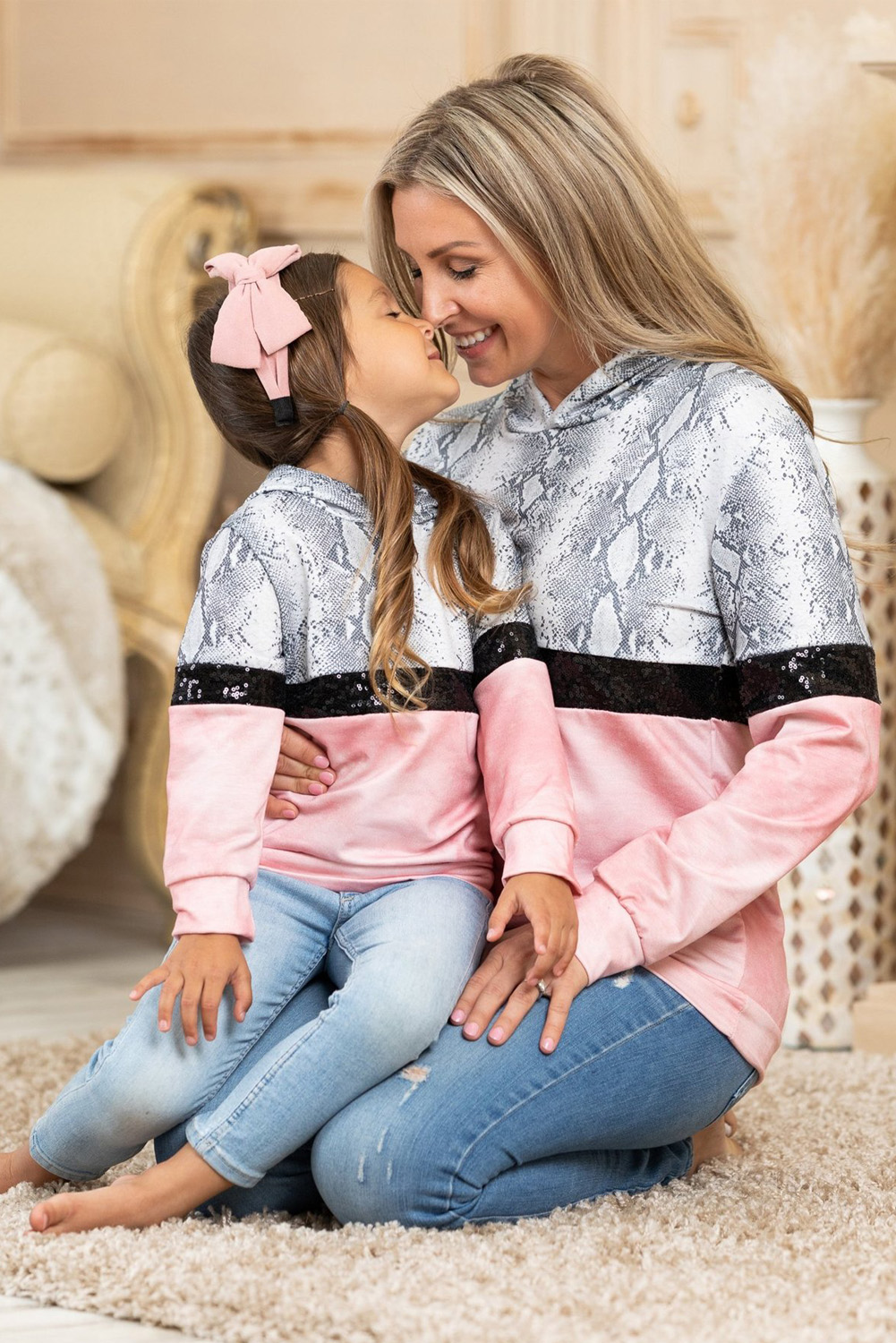 Mommy & Me Snakeskin Sequin Splicing Girl's Hoodie