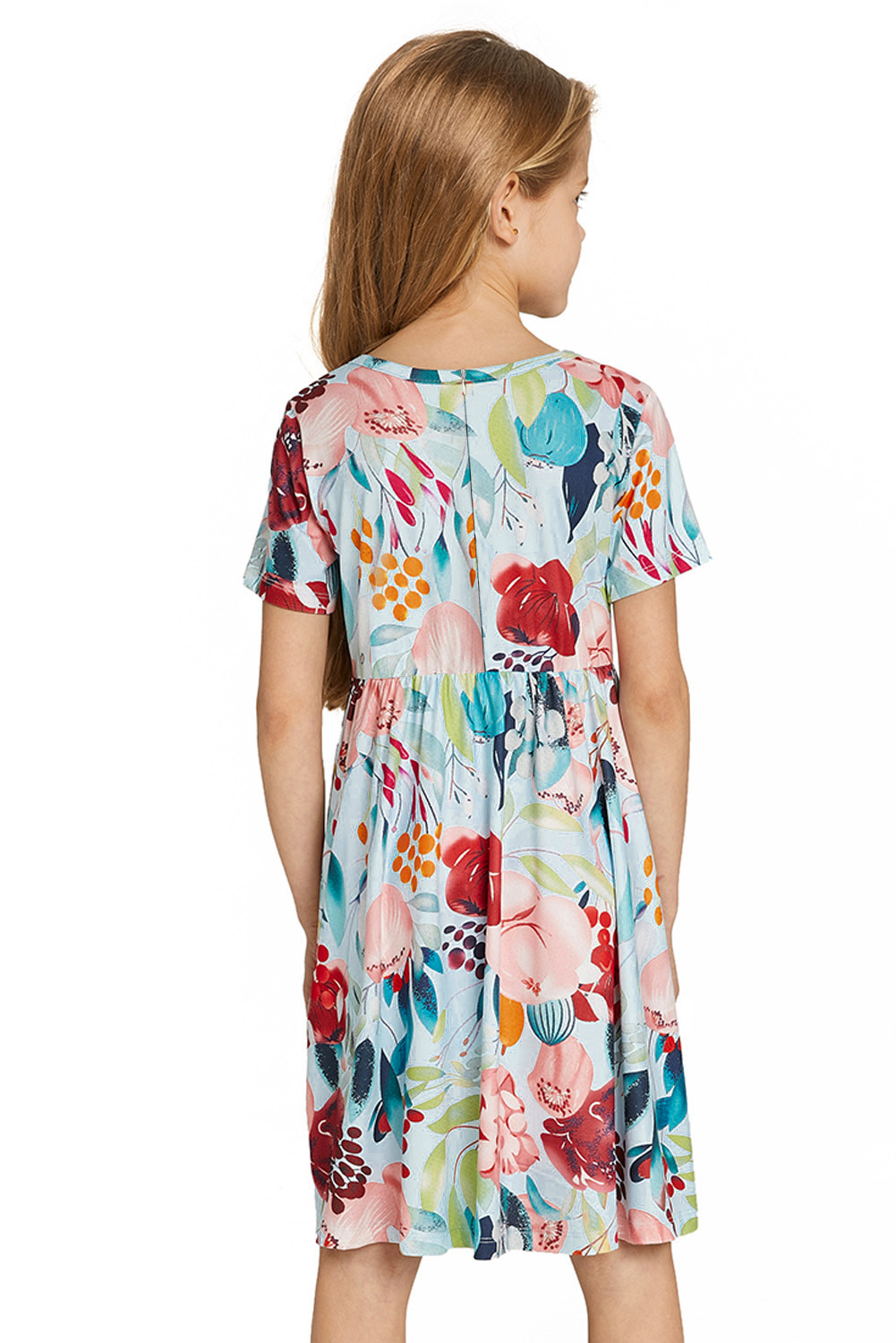 Sky Blue Crewneck Short Sleeve Floral Girl's Midi Dress