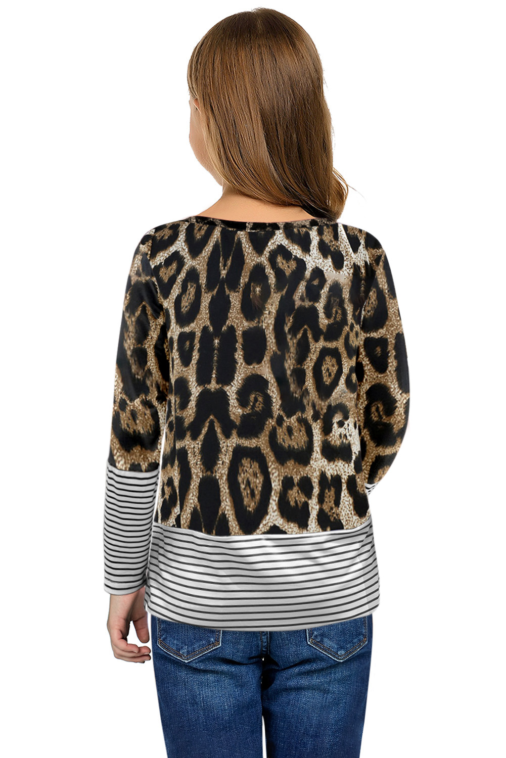 Leopard Stripe Patchwork Sequin Pocket Long Sleeve Girl's Top