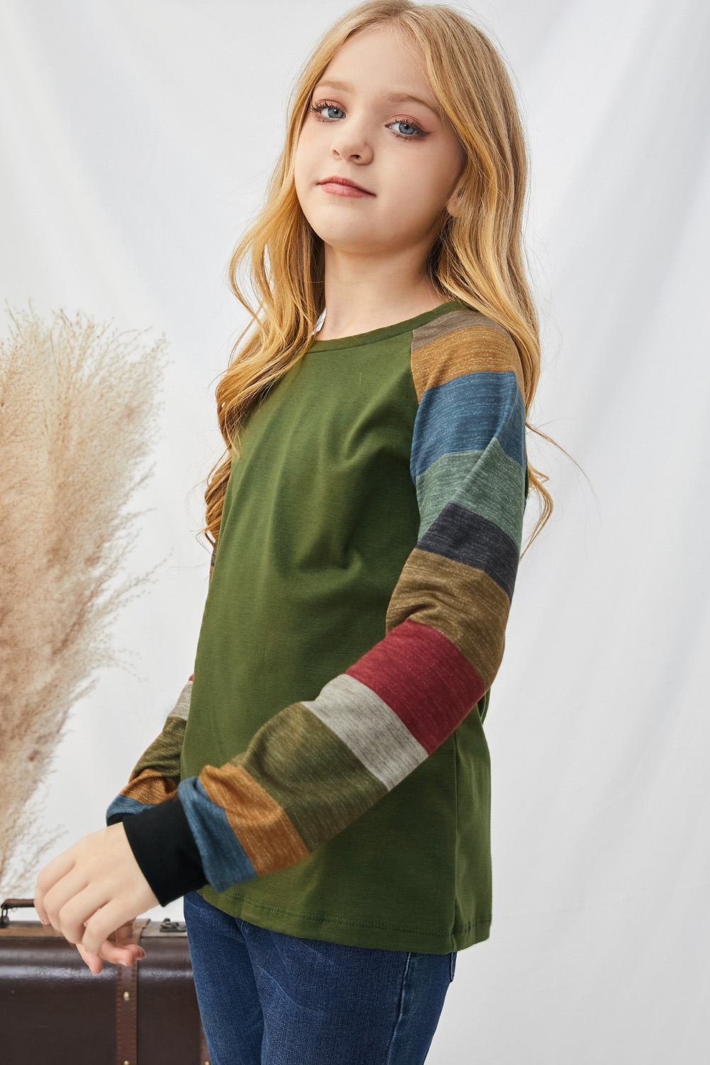 Green Striped Color Block Girl's Long Sleeve Top