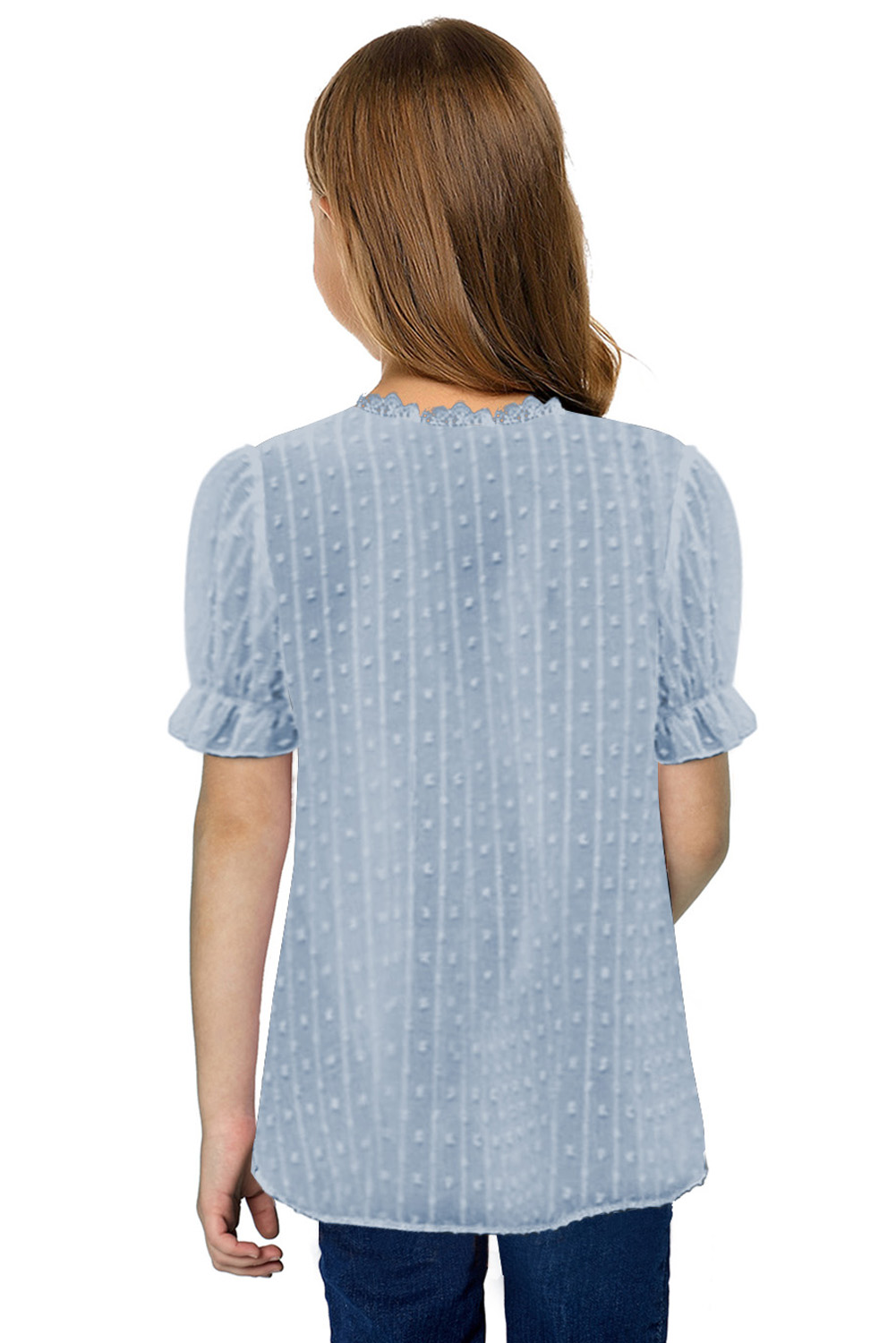 Sky Blue Swiss Dot Lace Short Sleeve Girls Top