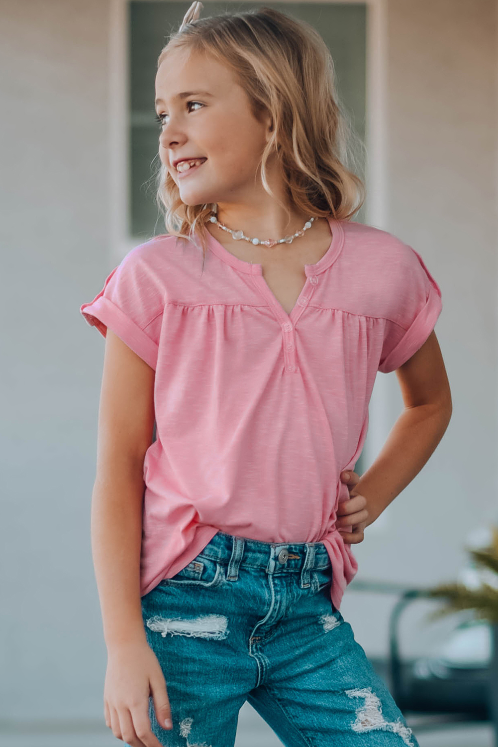 Pink Roll Up Short Sleeve Girls' Top With Buttons