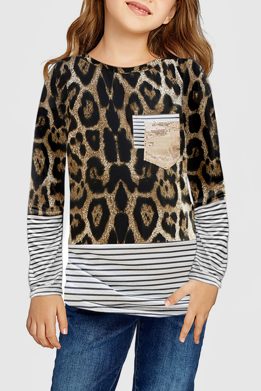 Leopard Stripe Patchwork Sequin Pocket Long Sleeve Girl's Top