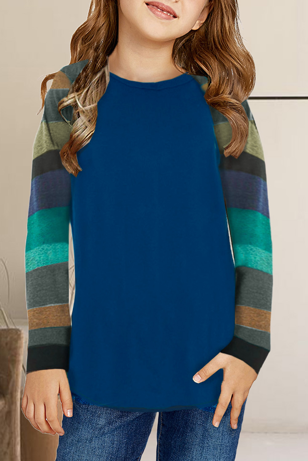 Blue Striped Color Block Girl's Long Sleeve Top