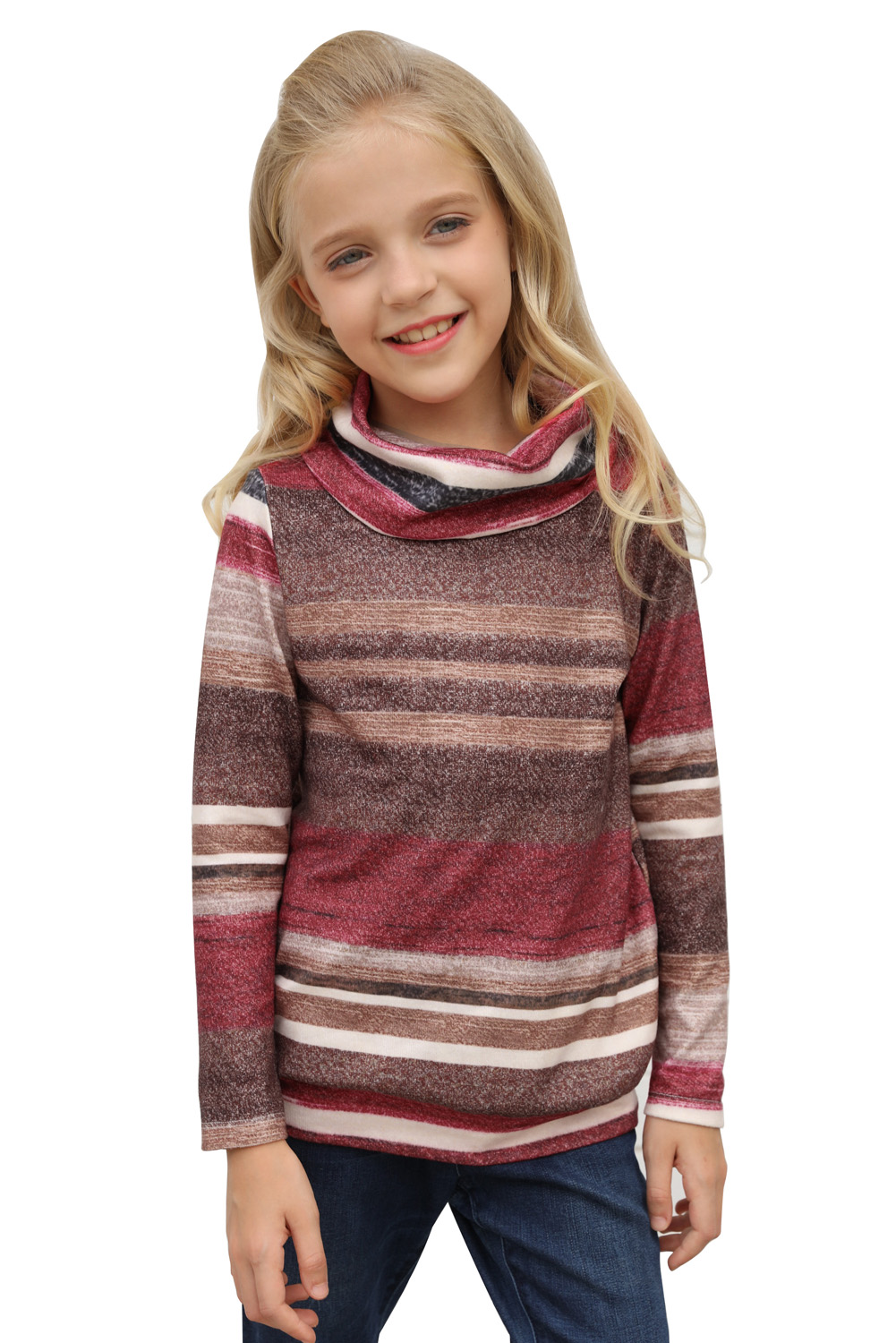 Red Cowl Neck Girl's Striped Sweatshirt