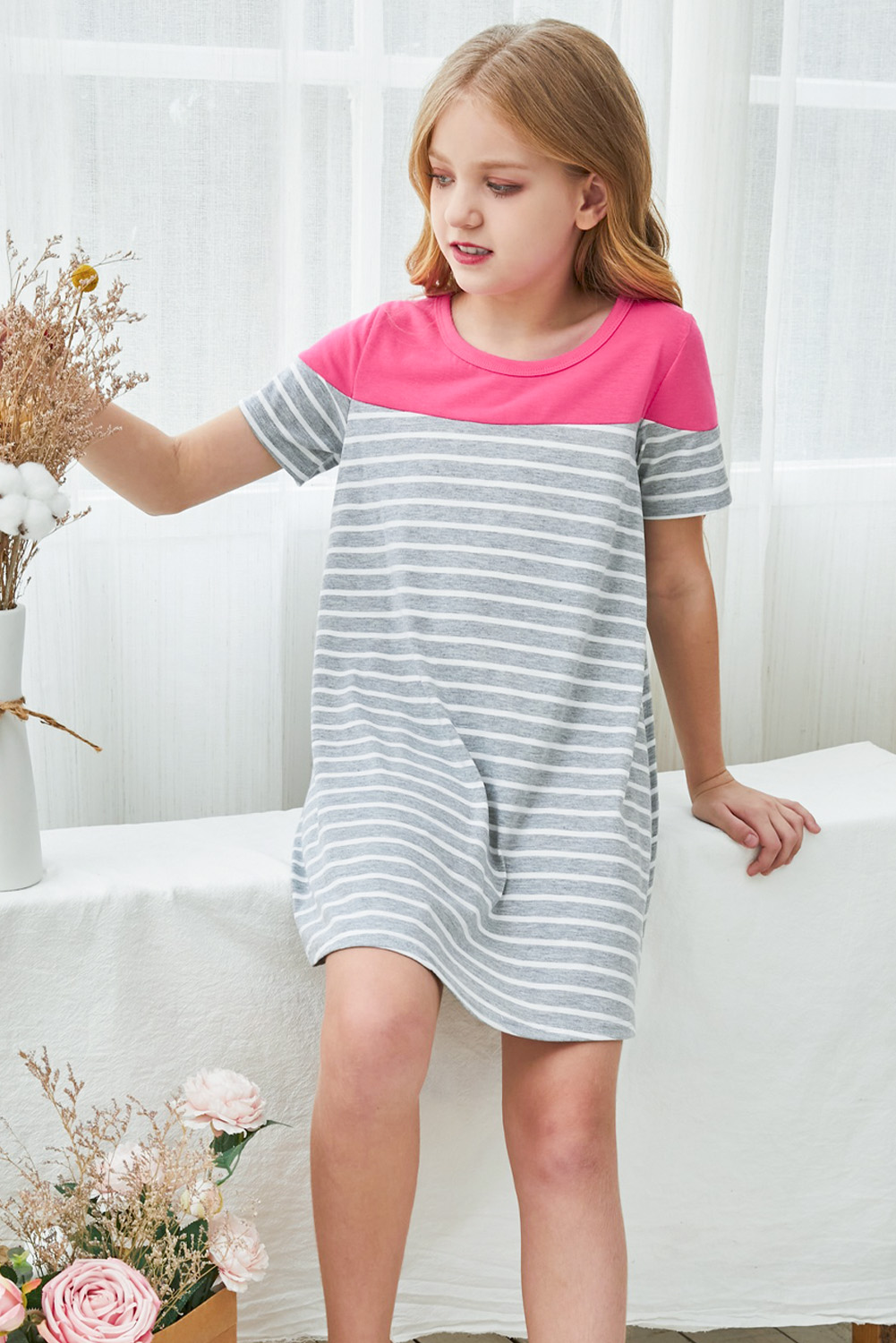 Rose Colorblock Patchwork Striped Girls' Dress