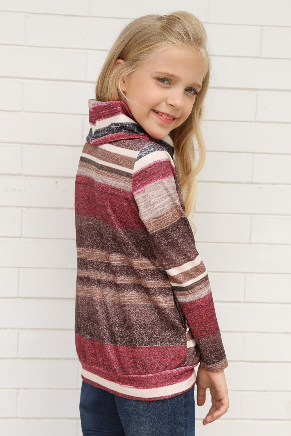 Red Cowl Neck Girl's Striped Sweatshirt