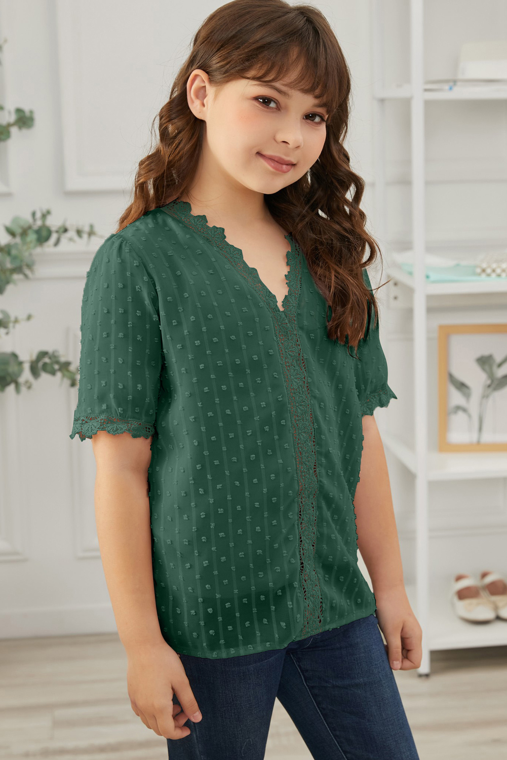 Green Swiss Dot Lace Short Sleeve Girls Top