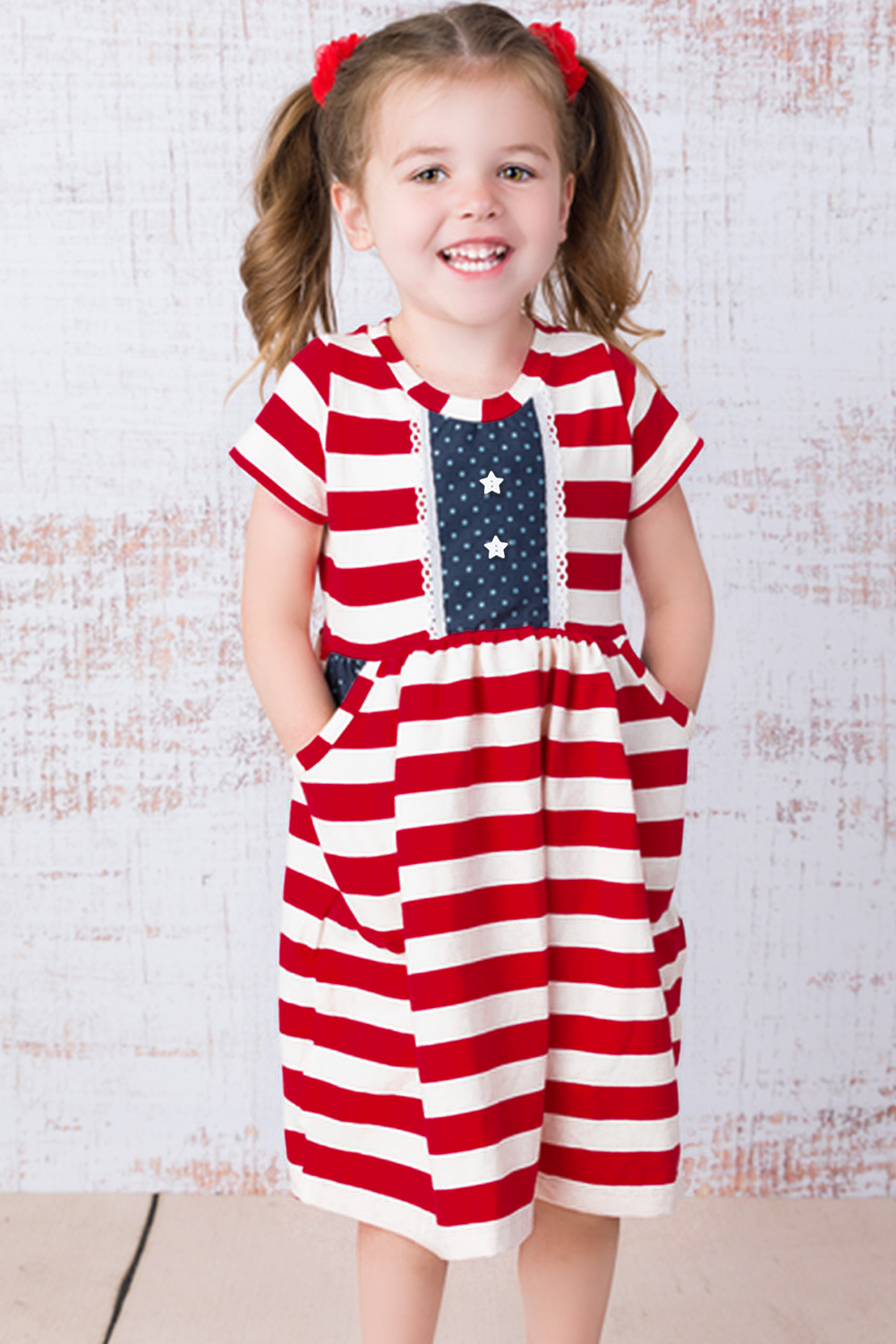 Red American Stars Stripes Knit Pocket Girl Dress