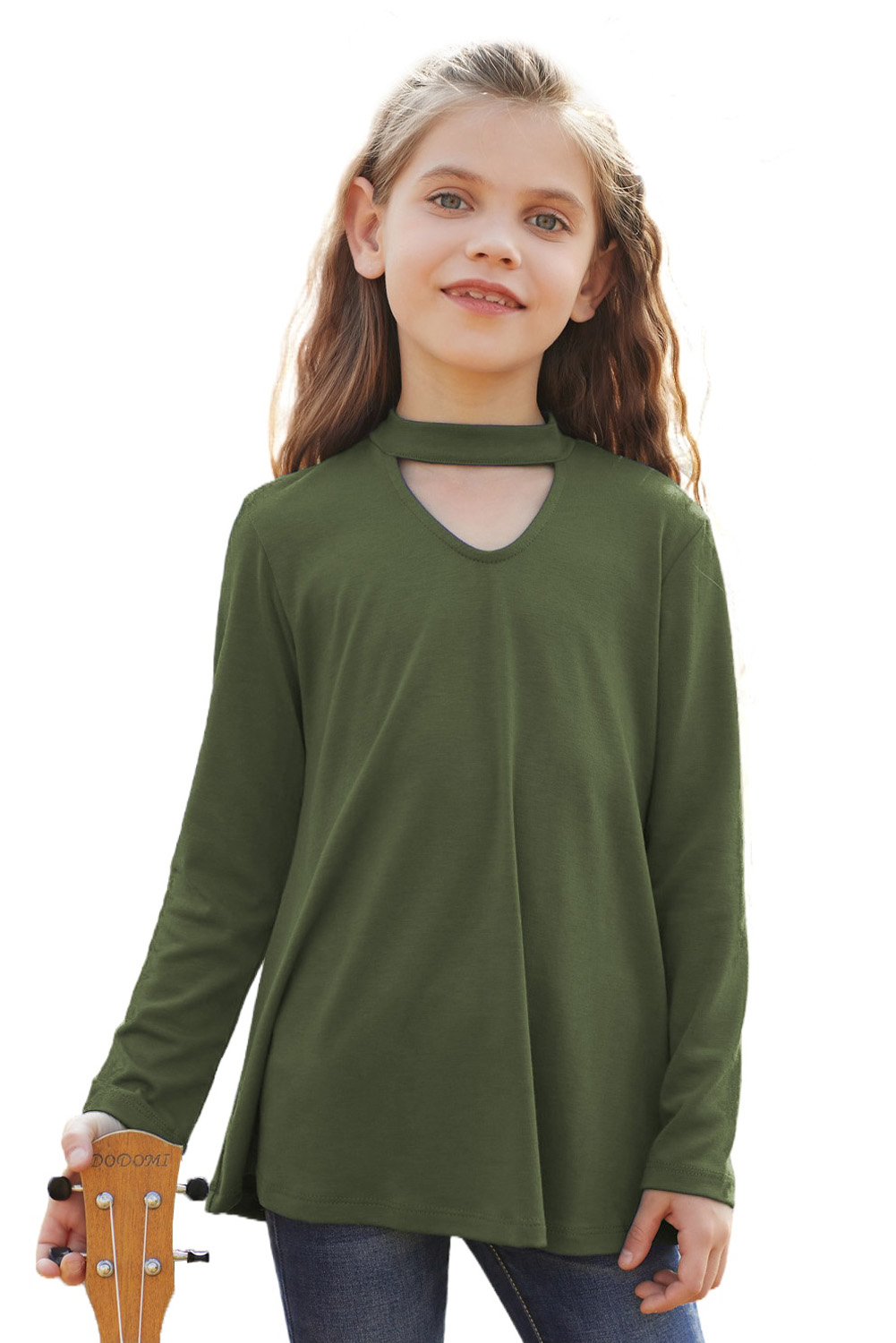 Green Choker Hollow-Out Front Little Girl Kids' Long Sleeves Top