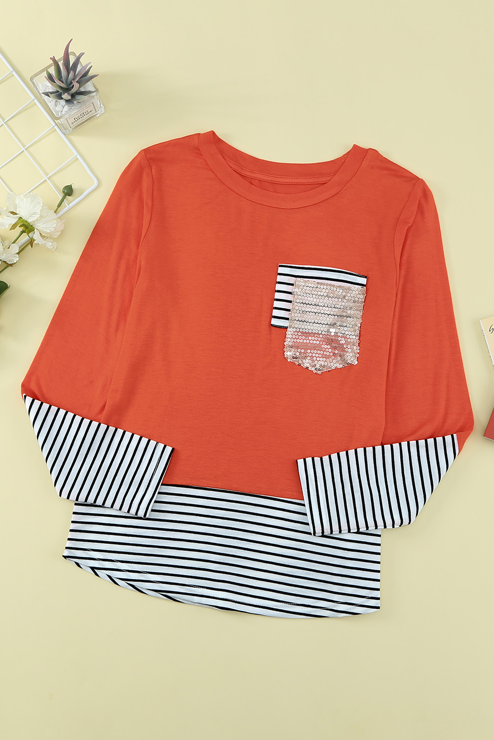 Stripe Patchwork Sequin Pocket Long Sleeve Girl's Top