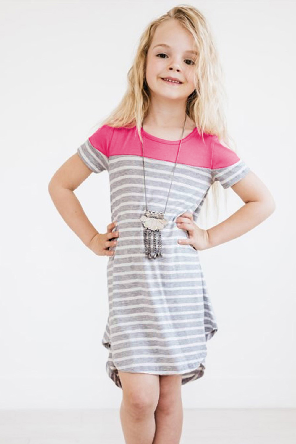 Rose Colorblock Patchwork Striped Girls' Dress