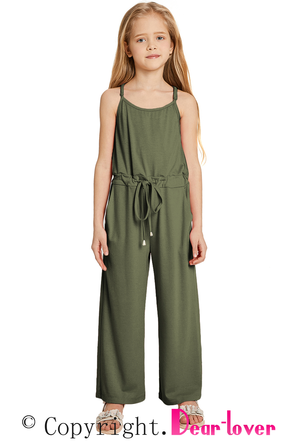 Green Spaghetti Strap Wide Leg Girls Jumpsuit