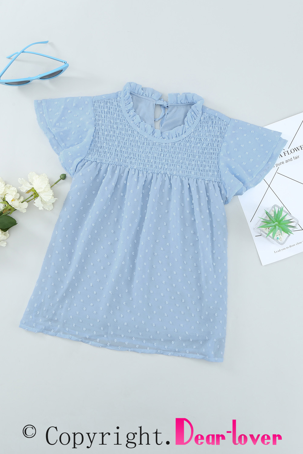 Sky Blue Little Girl Swiss Dot Ruffle Sleeves Top