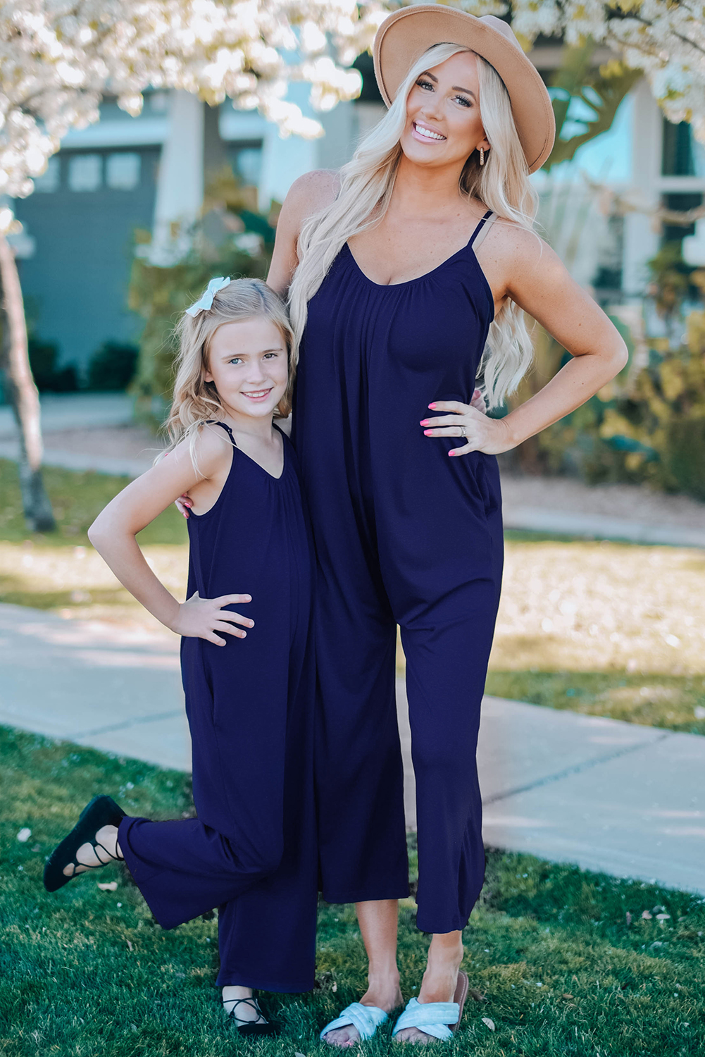 Blue Spaghetti Strap Wide Leg Girl's Jumpsuit With Pocket