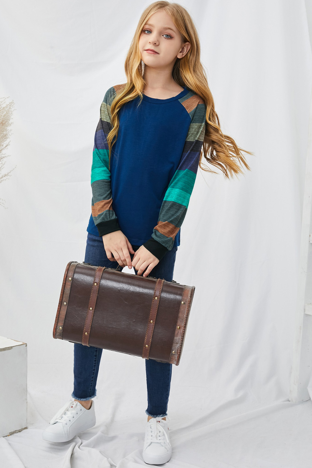 Blue Striped Color Block Girl's Long Sleeve Top