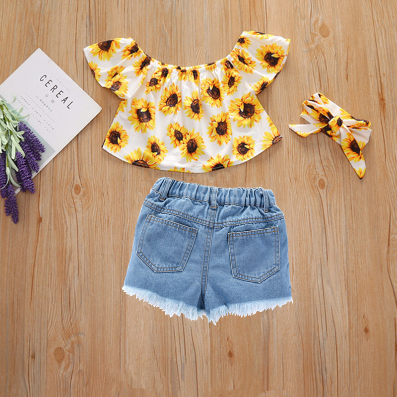 Girl's Sunflower Top & Ripped Denim Shorts Set