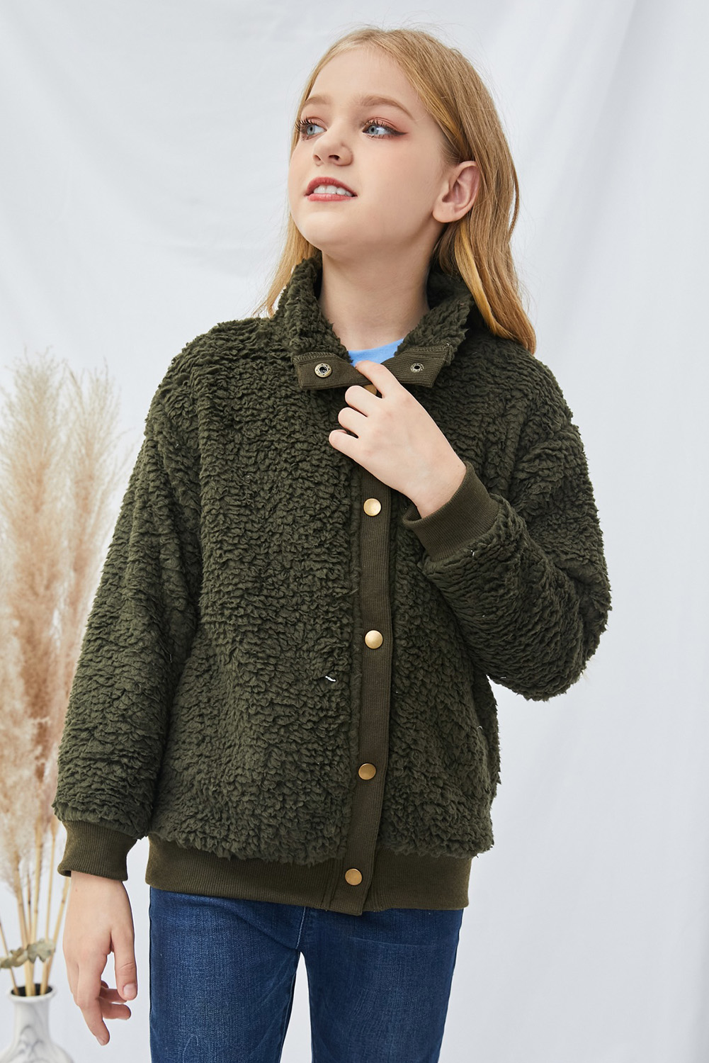 Green Buttoned Solid Fleece Girl's Coat