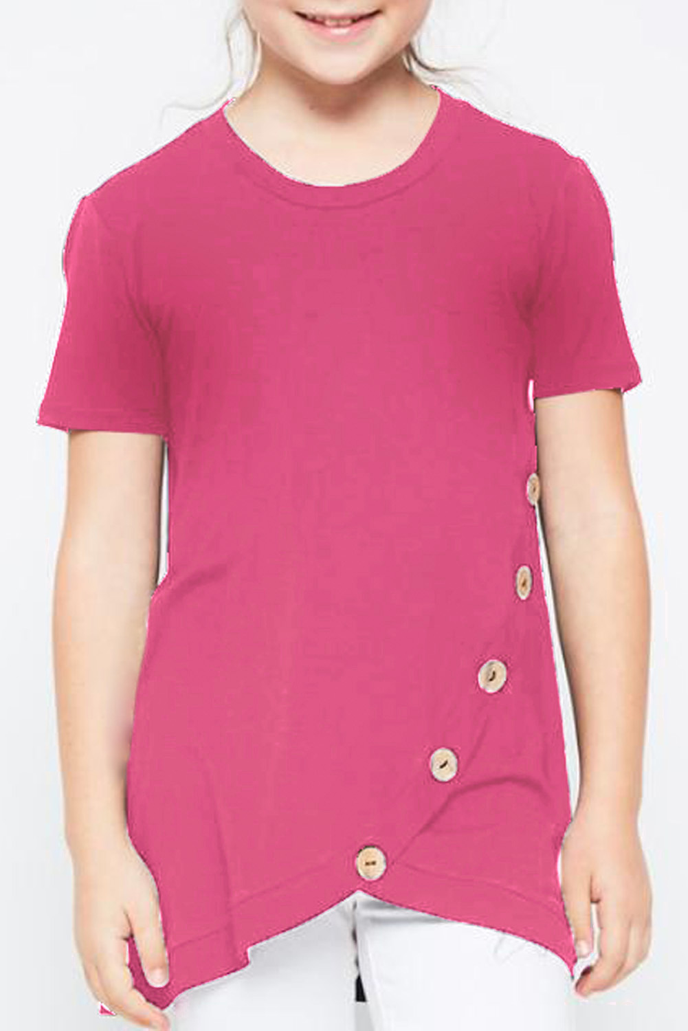 Rosy Buttoned Arched Hem Girls T-Shirt