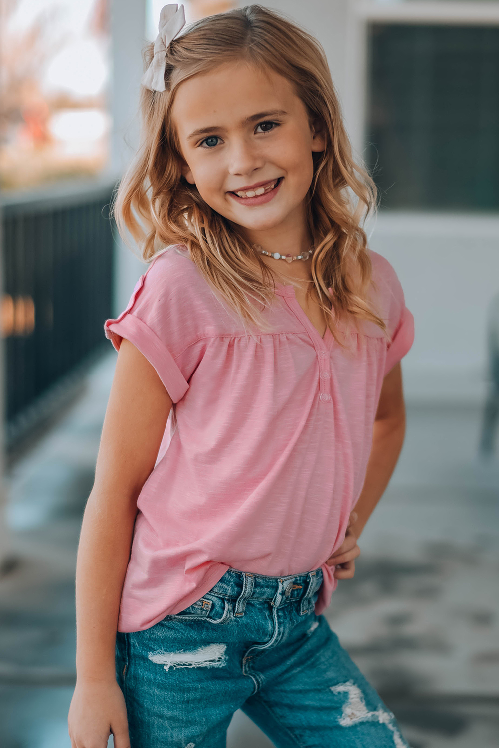 Pink Roll Up Short Sleeve Girls' Top With Buttons