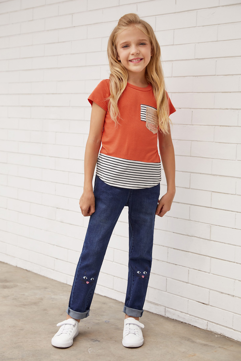 Sequins Pocket Splicing Stripes Girls' T-Shirt