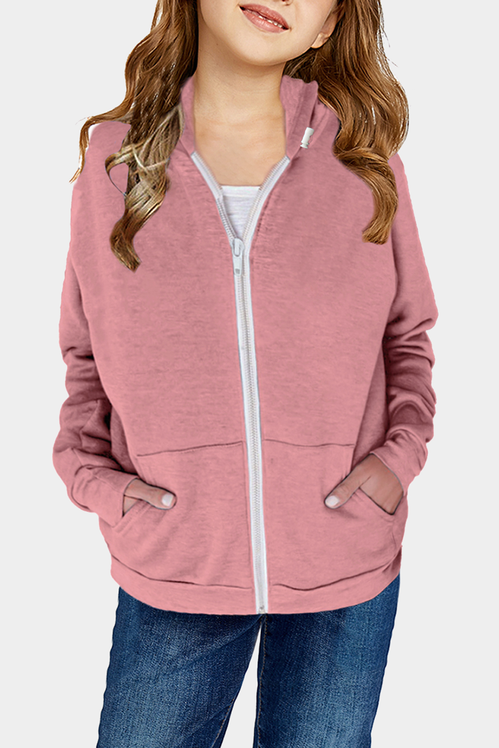 Pink Zipper Hooded Girl’s Coat With Pocket