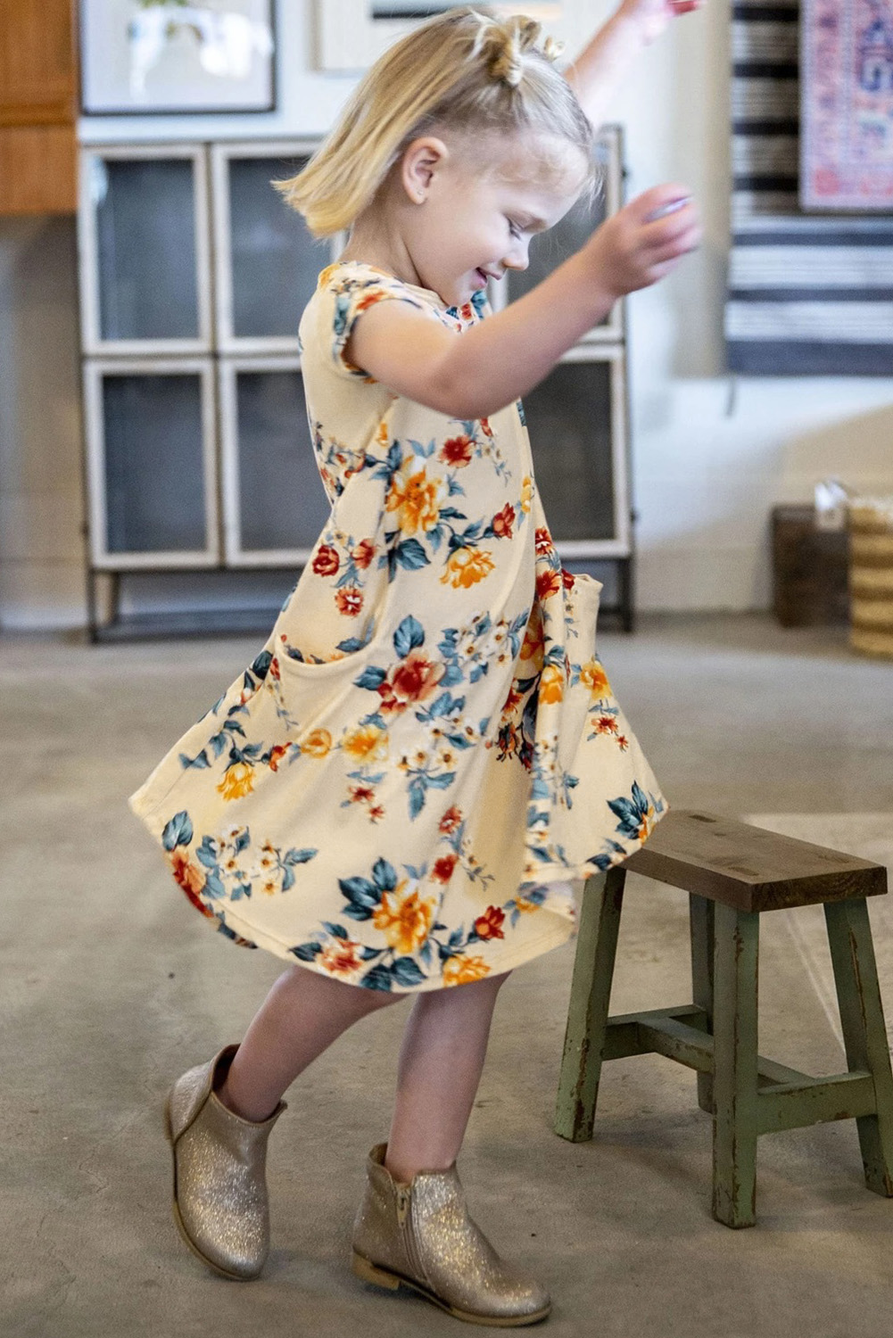 Yellow Floral Girls T-Shirt Midi Dress