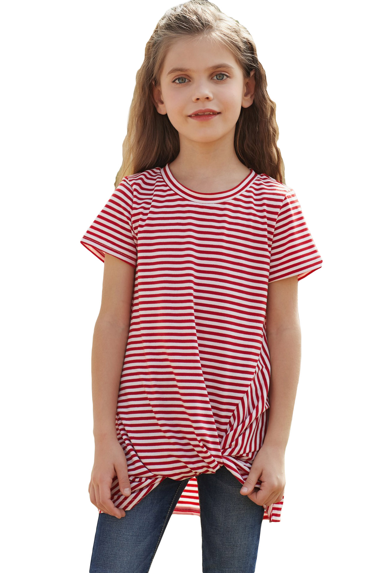 Red Short Sleeve Front Twist Striped Girl's Top