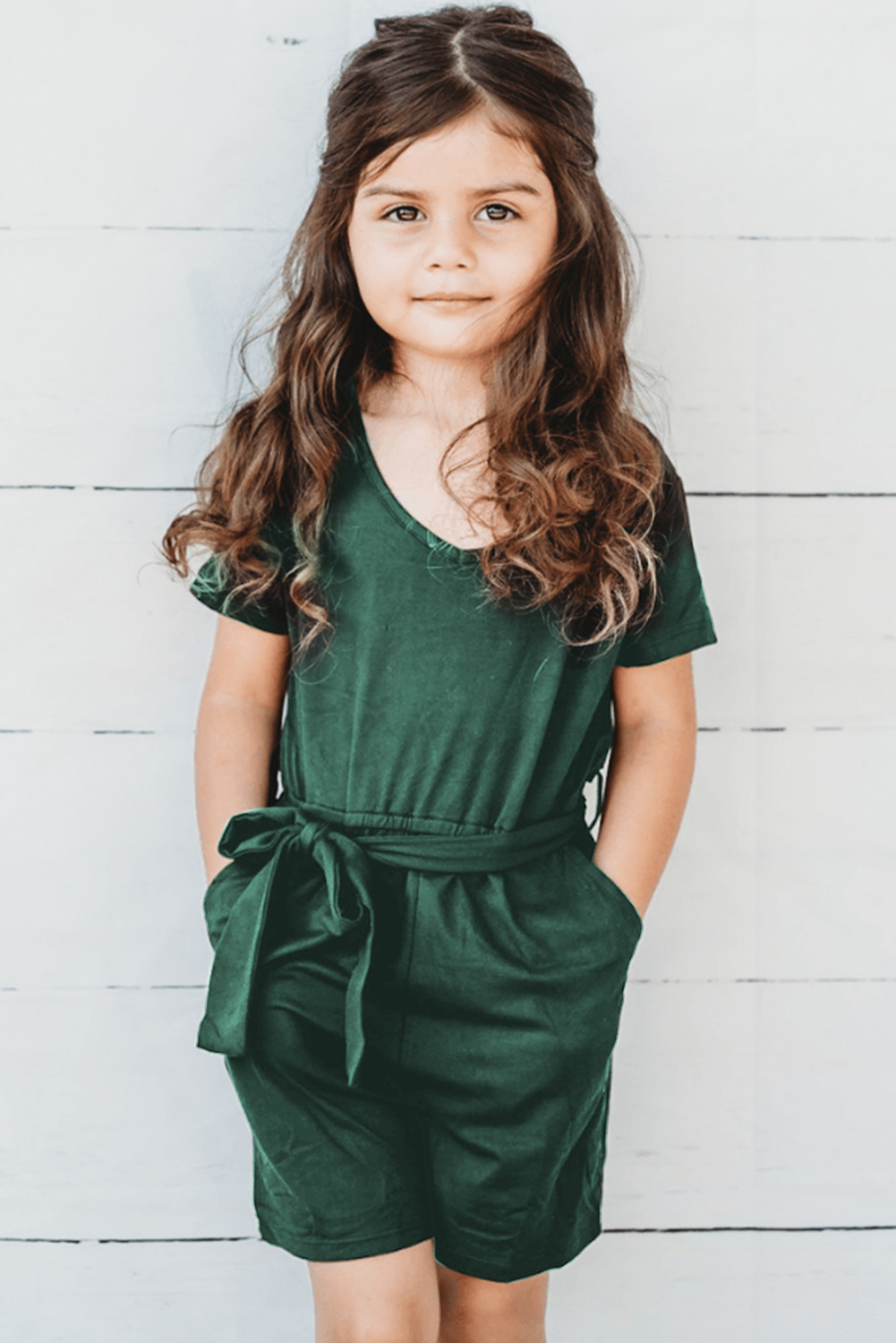 Green Tie Waist V Neck Short Sleeve Girl's Romper