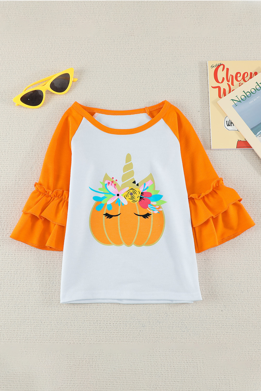 Pumpkin Print Colorblock Ruffled 3/4 Sleeve Girl's Shirt