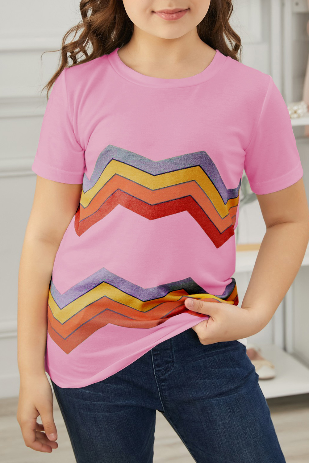 Pink Colorblock Striped Girls' T-Shirt