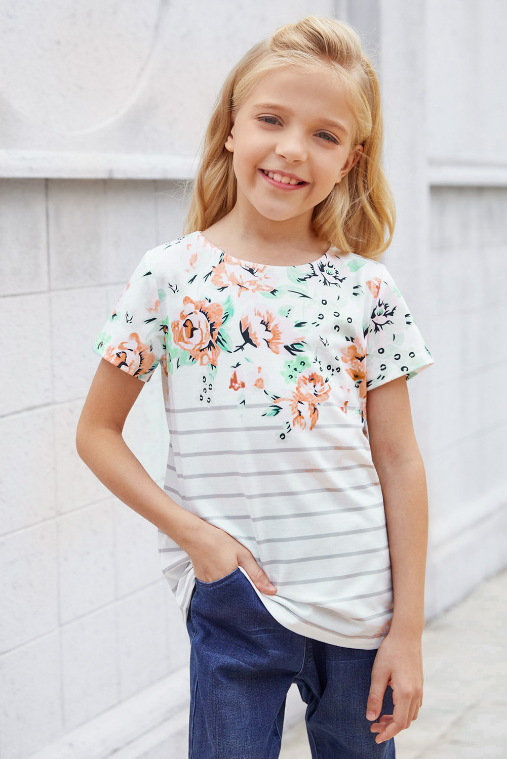 White Round Neck Floral Striped Print Kid's Tee