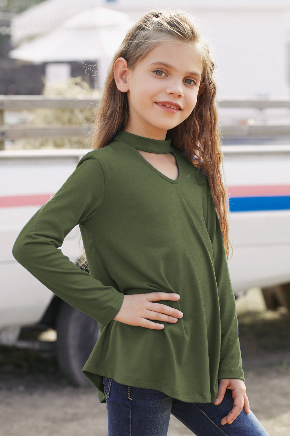 Green Choker Hollow-Out Front Little Girl Kids' Long Sleeves Top