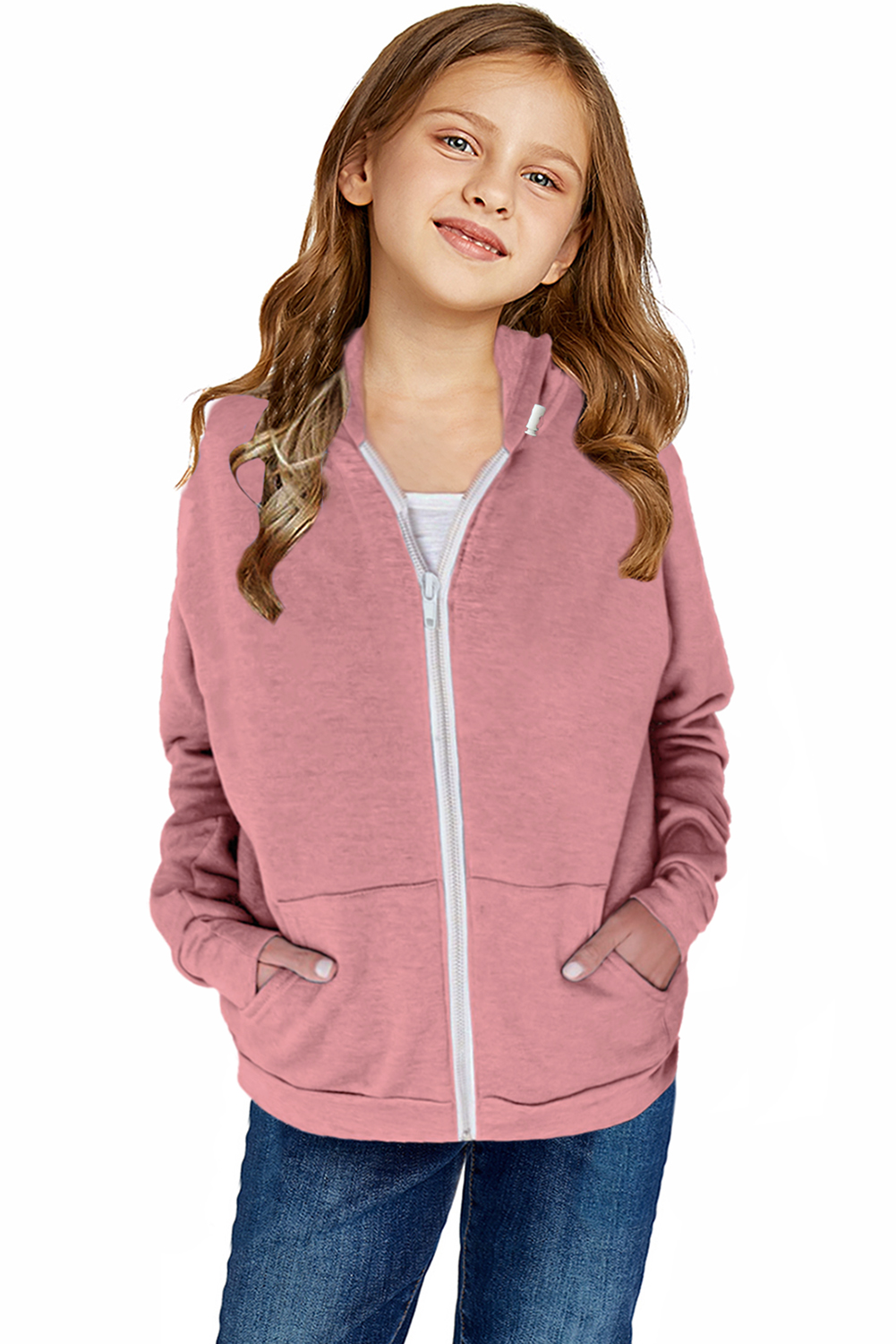 Pink Zipper Hooded Girl’s Coat With Pocket