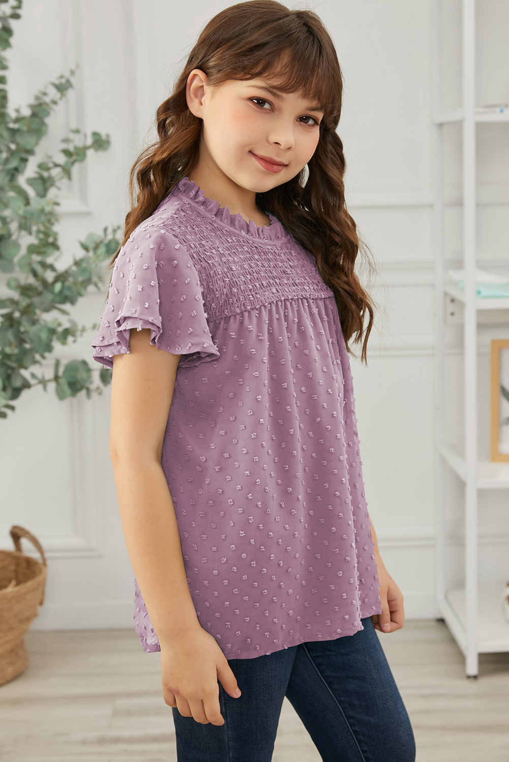 Purple Little Girl Swiss Dot Ruffle Sleeves Top