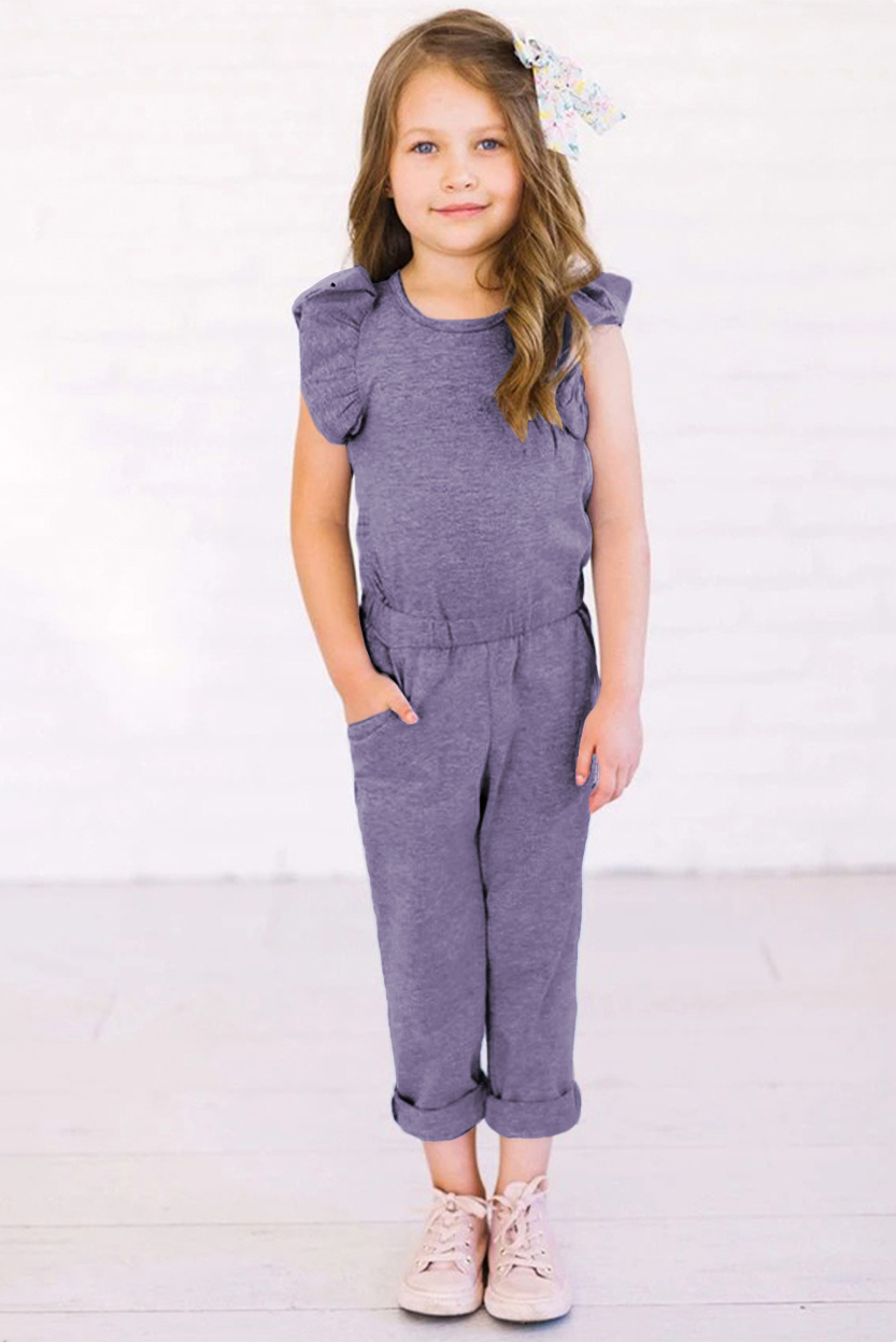 Purple Little Girls Ruffled Shoulder Keyhole Back Jumpsuit With Pockets