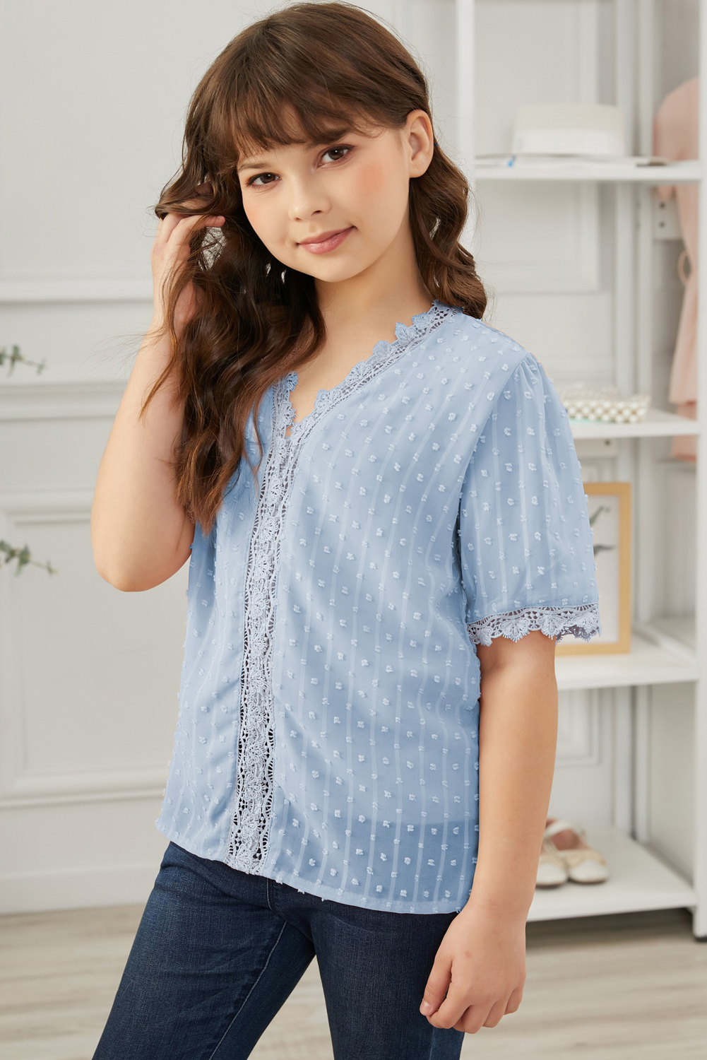 Sky Blue Swiss Dot Lace Short Sleeve Girls Top