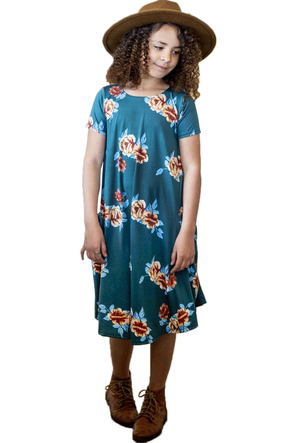 Green Floral Girls T-Shirt Midi Dress